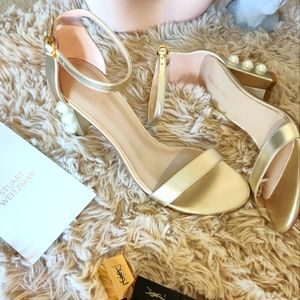 Stuart Weitzman Nearly Nude Pearly Stud Block Heel Sandal US 6.5